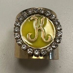 TOVA - Adjustable gold initial "K" signet ring w/ yellow enamel & crystal circle